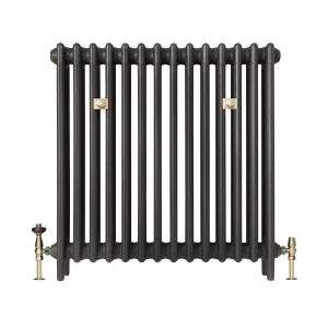 Plain Mercury 4 column cast iron radiator on feet in a dark metallic grey finish, with brass wall stays and brass valves, on white.
