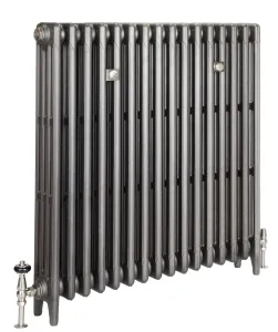 A plain Mercury four-column cast iron radiator on feet in a metallic pewter-grey finish, with nickel valves and two wall stays, on white.