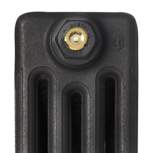 Close-up of the top of a plain four-column Mercury cast iron radiator in a dark metallic finish, with a brass and black Castrads bleed plug.