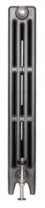 End view of a single section of a plain Mercury 4 column 960mm cast iron radiator in a dark metallic grey finish, with a nickel valve on its feet.