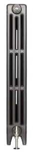 End view of a plain Mercury 4 Column 960mm cast iron radiator section in a dark metallic grey finish on feet, with a chrome valve at the base.