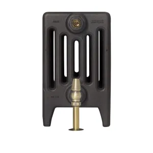 End view of a plain Mercury 6 Column 360mm cast iron radiator on feet in a dark grey finish, with a brass bleed valve and a brass floor-pipe valve.