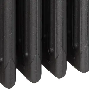 Close-up of the rounded bottoms of plain cast iron radiator columns in a dark grey textured finish on a white background.