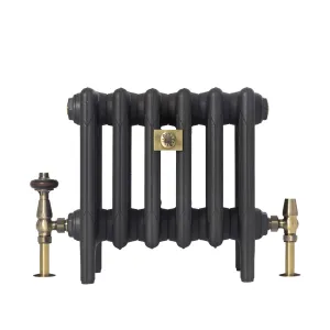 Low Mercury cast iron radiator on feet in a dark textured grey finish, with antique brass valves, one with a wooden head, on white.