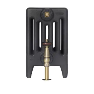 End view of a plain Mercury 6 column 360mm cast iron radiator on feet in a dark grey finish, with an antique brass valve and pipe.