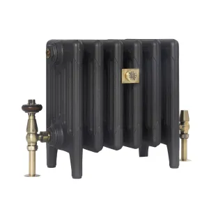 Plain Mercury 6 column 360mm cast iron radiator on feet, dark grey textured finish, with aged brass valves and a brass badge, on white.