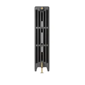 End view of a plain Mercury 6 column 960mm cast iron radiator on feet in a dark grey finish, with a brass valve and bleed fitting.