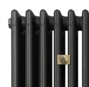 Close-up of the top of a plain Mercury 6 Column cast iron radiator in a dark graphite finish, with a brass wall stay and end plug.