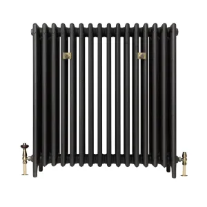 Plain Mercury 6 column cast iron radiator on feet in a dark graphite finish, with brass wall stays and antique brass valves, on white.