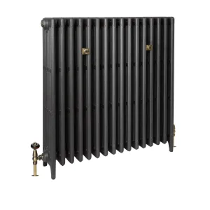 Mercury 6 Column 960mm cast iron radiator in a dark metallic grey finish on feet, with brass valves and two brass wall stays.