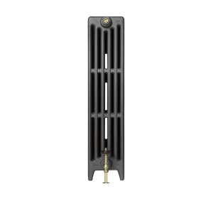 End view of a plain six-column Mercury cast iron radiator on feet in a dark grey finish, with a brass valve at the base and a brass air vent at the top.