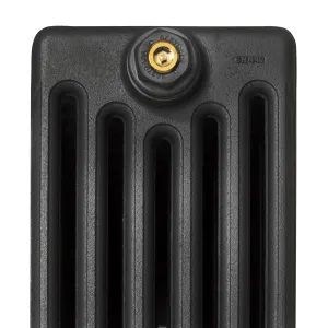 Close-up of the top of a plain Mercury cast iron radiator end section in a dark textured finish, with a brass bleed plug and EN 442 stamp.