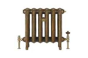 Ornate six-section Rococo II cast iron radiator on feet in Aged Gold, with brass angled valves, one with a wooden thermostatic head, on white.