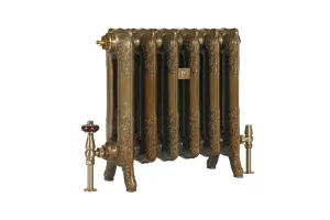 Ornate six-section Rococo II cast iron radiator in Aged Gold on scrolled feet, with brass valves and a wooden-headed valve, on white.