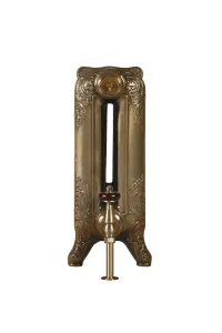 End view of an ornate Rococo II cast iron radiator on scrolled feet in Aged Gold, with a brass angled valve and dark wooden head, on white.