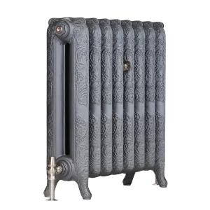 Ornate Rococo II cast iron radiator in Black Iron on scrolled feet, with a satin nickel angled valve, on a white background.