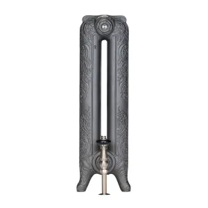 End view of an ornate two-column Rococo II cast iron radiator on feet in Black Iron, with a nickel valve and pipe below.