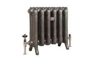 Ornate six-section Rococo II cast iron radiator in Astral Grey Mid on scrolled feet, with polished nickel valves and a wooden valve head.