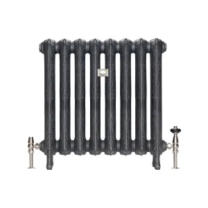 Ornate eight-section Rococo II cast iron radiator in Black Iron on cast feet, with nickel angled valves and a central badge, on white.