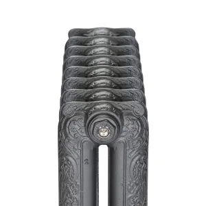 End view of an ornate two-column Rococo II cast iron radiator in Black Iron, showing scrollwork sections and a Castrads-branded bleed valve.