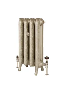 Ornate four-section Rococo II cast iron radiator on feet in Pearl Mouse Grey, with polished nickel valves and a wooden-handled thermostatic head.