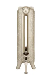 End view of an ornate Rococo II 660mm cast iron radiator on feet in Pearl Mouse Grey, with a nickel valve and dark wooden head.