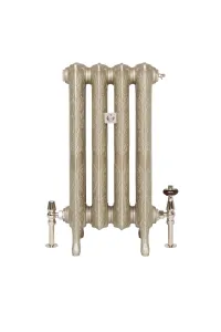 Ornate four-section Rococo II 660mm cast iron radiator on feet in Pearl Mouse Grey, with nickel valves and a wooden-headed thermostatic valve.