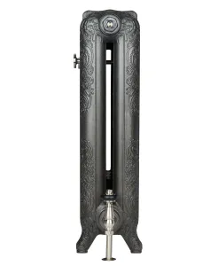 Rococo II cast iron radiator in Black Iron with Satin Nickel accessories - valve side view