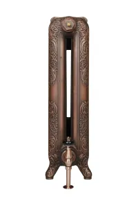 End view of an ornate Rococo II cast iron radiator on scrolled feet in Aged Copper, with a copper-toned angled valve at the base.