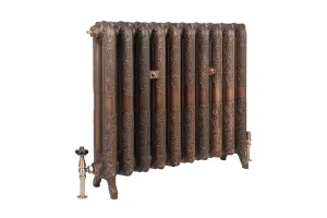 Ornate Rococo II cast iron radiator in Aged Copper on scrolled feet, with a wheelhead valve on the left and a matching valve on the right.