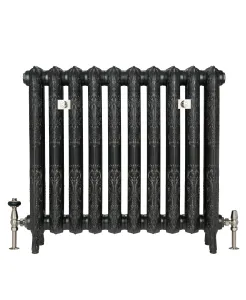 Ornate Rococo II cast iron radiator in a black iron finish, ten sections on feet, with satin nickel-style valves at each end, on white.