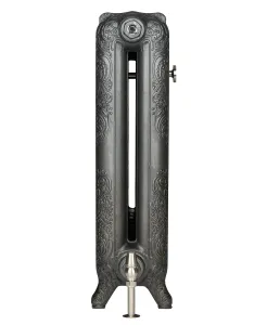 End view of an ornate Rococo II cast iron radiator on scrolled feet in a dark metallic finish, with a satin nickel valve and wall stay.
