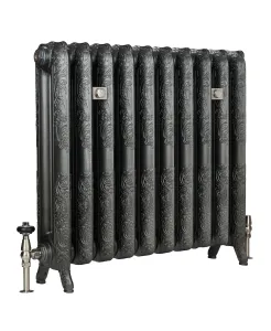 Rococo II cast iron radiator in Black Iron with Satin Nickel accessories - angled view