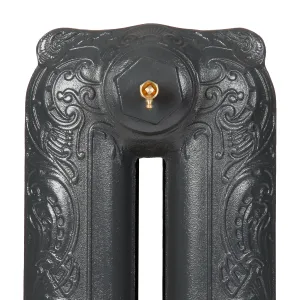 Close-up of the top of an ornate Rococo II cast iron radiator section in Charcoal, with scrolled relief and a brass bleed valve on the end cap.