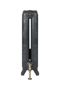 End view of an ornate Rococo II 760mm cast iron radiator on feet in Charcoal, with a brass valve and bleed valve, on a white background.