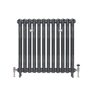 Ornate Rococo II cast iron radiator in Black Iron on scrolled feet, with twelve sections, two wall stays and nickel valves at each end.