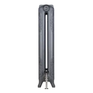 End view of an ornate two-column Rococo II cast iron radiator on feet in Black Iron, with a nickel valve at the base.