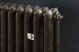 Close-up of an ornate Rococo II cast iron radiator in a dark bronze finish, with a brass bleed valve and a round wall stay plate.