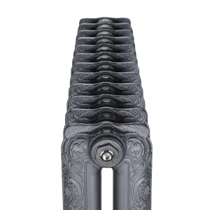 End-on view along an ornate two-column Rococo II cast iron radiator in Black Iron, showing scrolled castings and a Castrads bleed plug.
