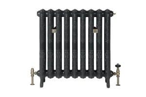Ornate nine-section Rococo II cast iron radiator in Charcoal on feet, with antique brass valves and two wall stays, on a white background.