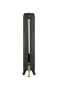 Single section of a Rococo II 950mm ornate two-column cast iron radiator in Matt Black on scrolled feet, with a satin nickel valve.