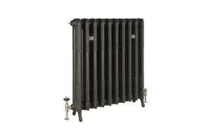 Ornate Rococo II 950mm cast iron radiator in Matt Black on feet, with nickel valves and two wall stays, on a white background.