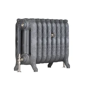 Ornate Rococo III 470mm cast iron radiator in Black Iron, eight sections on scrolled feet, with a satin nickel valve, on white.