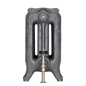 End view of an ornate Rococo III cast iron radiator on scrolled feet in Black Iron, with a satin nickel thermostatic valve on a white background.