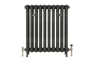 Ornate ten-section Rococo II cast iron radiator in Matt Black on feet, with satin nickel angled valves and two wall stays, on a white background.