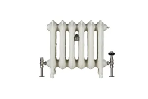 Six-section ornate Rococo III 470mm cast iron radiator in Oatmeal on feet, with satin nickel valves and a central wall stay, on white.