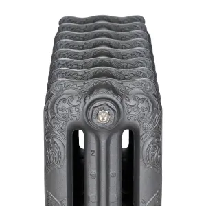 End view of an ornate Rococo III cast iron radiator in Black Iron, showing scrolled foliage castings and a Castrads-stamped end plug.