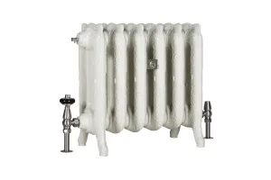 Ornate Rococo III 470mm cast iron radiator in Oatmeal on feet, with a brushed nickel thermostatic valve, lockshield valve and wall stay.