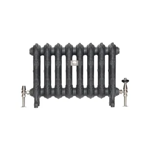 Eight-section ornate Rococo III cast iron radiator on feet in Black Iron, with satin nickel angled valves and a central nameplate.