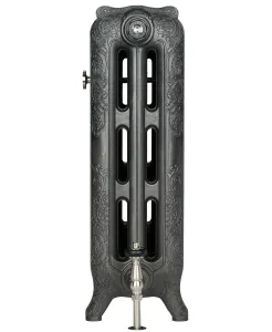 Rococo III cast iron radiator in Black Iron with Satin Nickel accessories - angled view